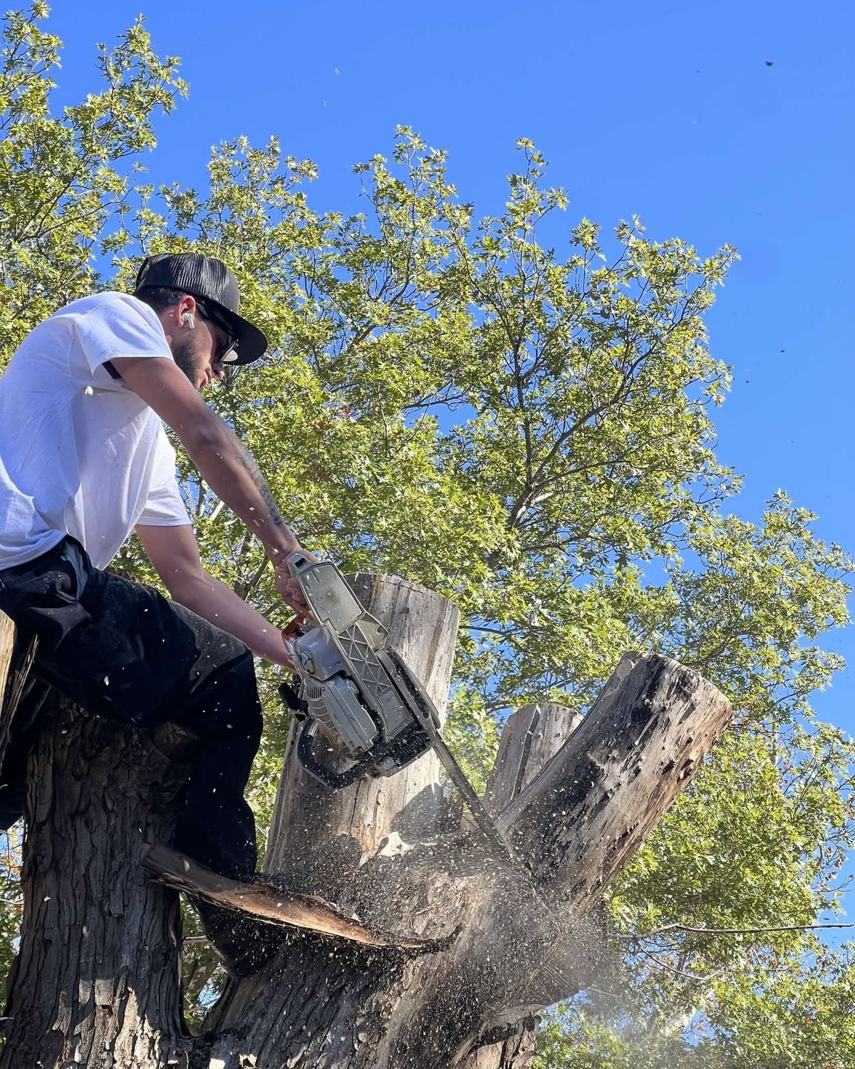 A Generous Hands crew member cutting through a tree trunk with a chainsaw